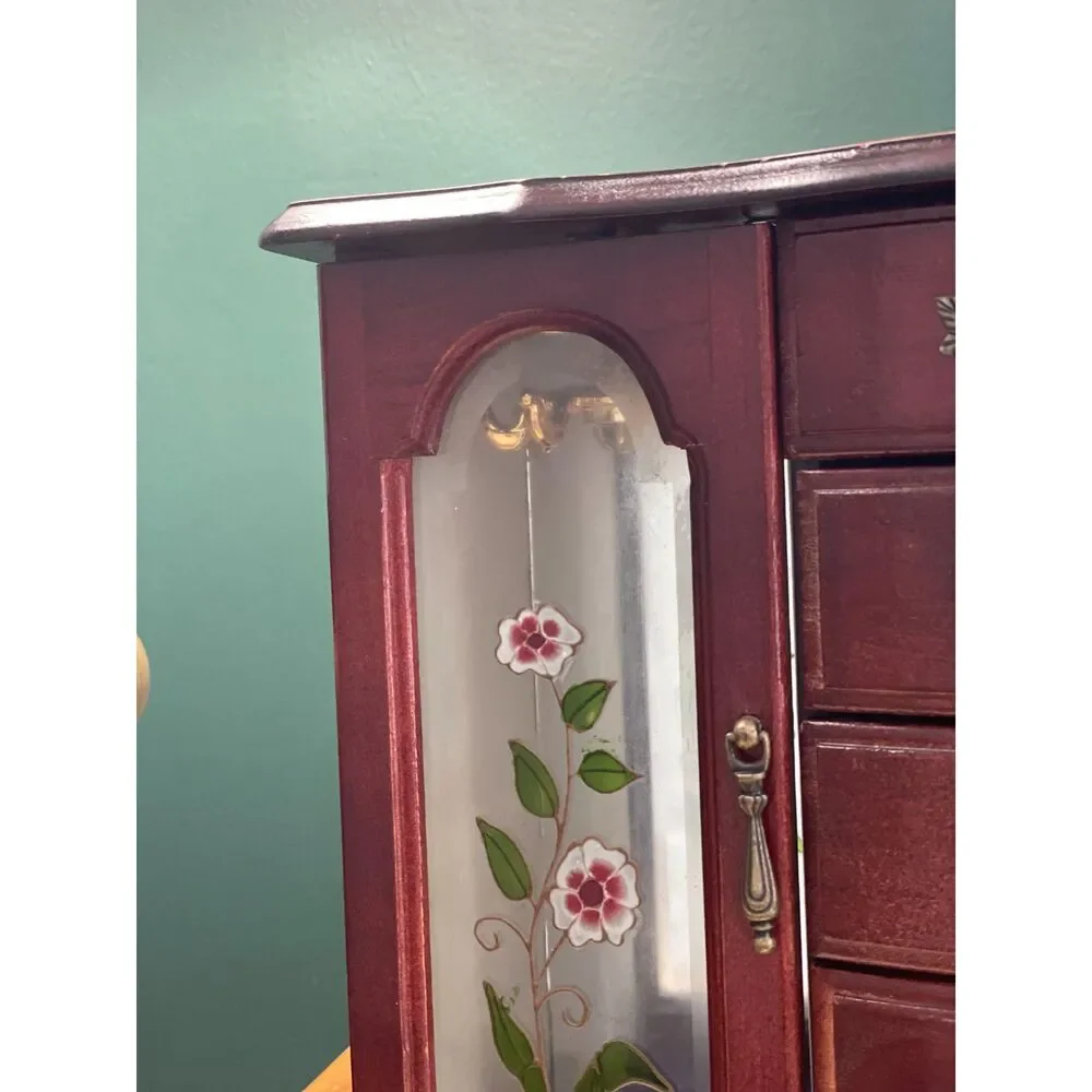 Vintage Wooden Jewelry Armoire Box with Floral Glass Doors & Necklace Carousel